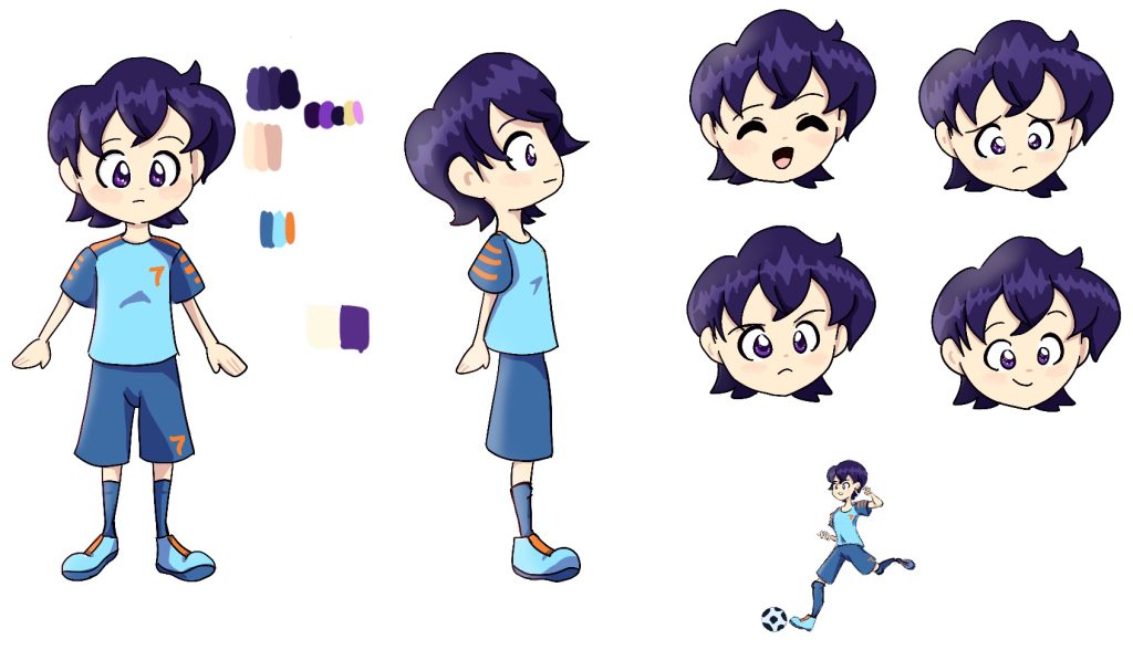 A character graphic of a young soccer player with multiple facial expressions and body actions.
