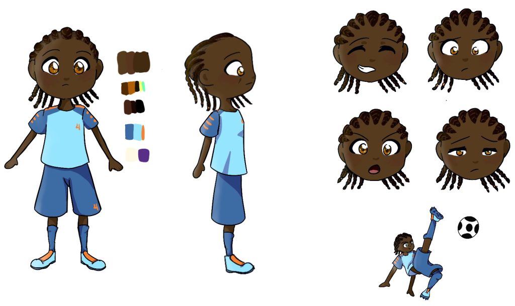 A character graphic of a young soccer player with multiple facial expressions and body actions.