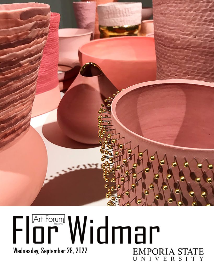 A flyer for the Flor Widmar First Friday event with the date Wednesday, September 28, 2022 along with the Emporia State University trade mark with a photo of pink ceramic art.
