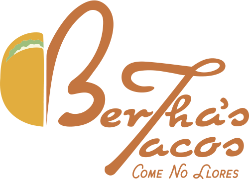 A logo design of Bertha's Tacos in Orange with a taco graphic along with the saying "come no llores"