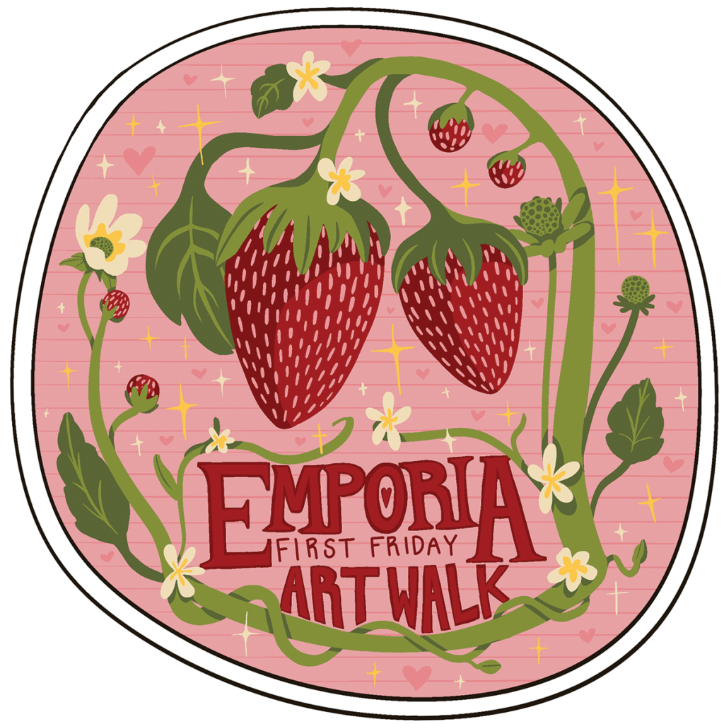Graphic Design sticker drawing of strawberry with the little "Emporia First Friday Art Walk"