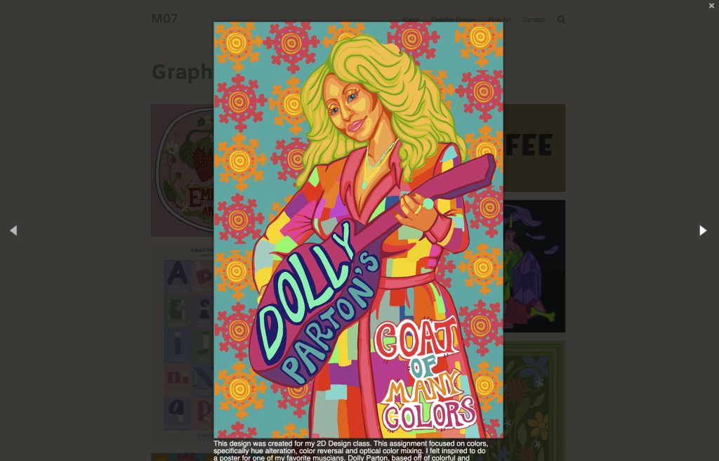 A screenshot of a design on a portfolio website of a colorful poster of the singer Dolly Parton.