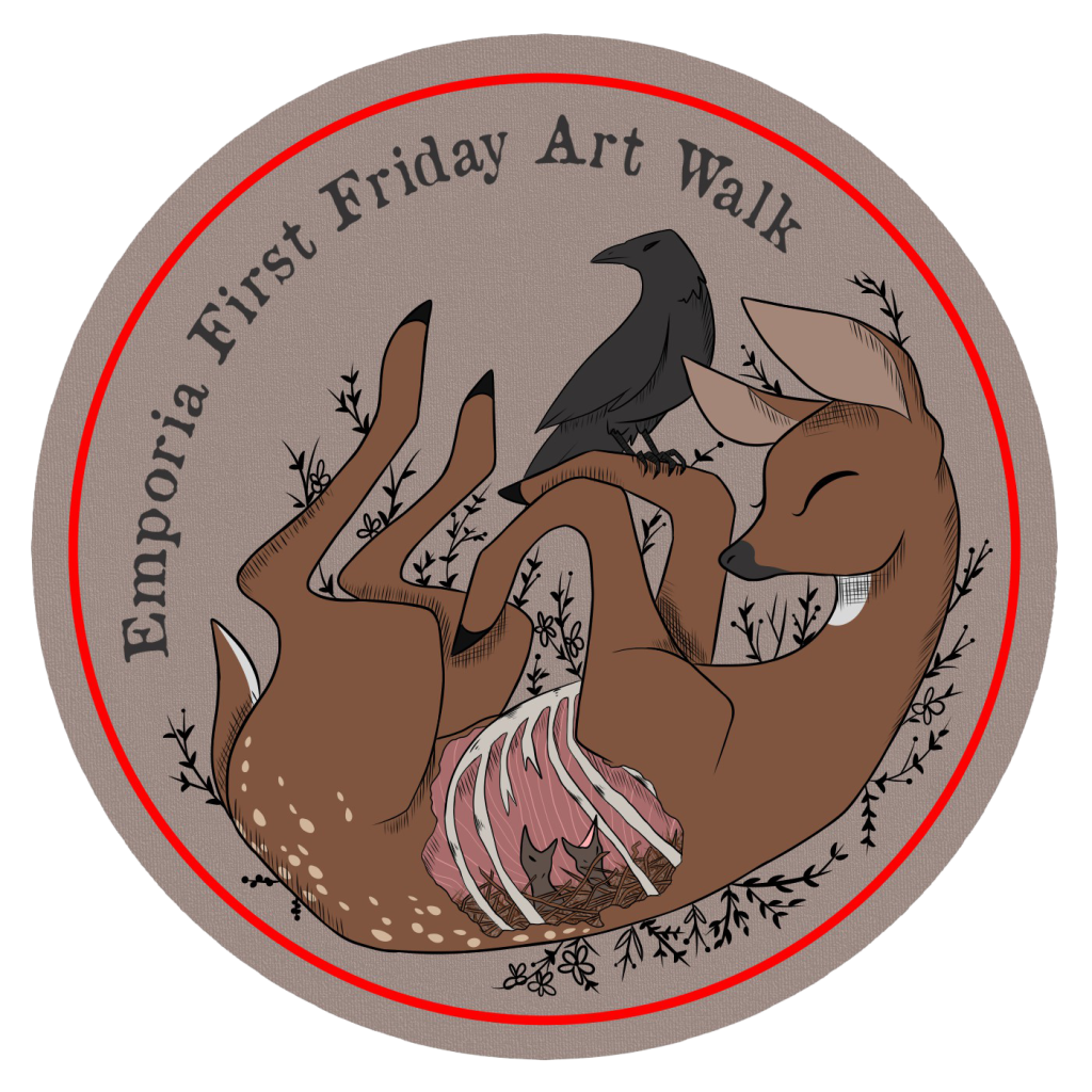 Graphic Design sticker of a decaying deer with a crow resting on top of it with the words "Emporia First Friday Art Walk"