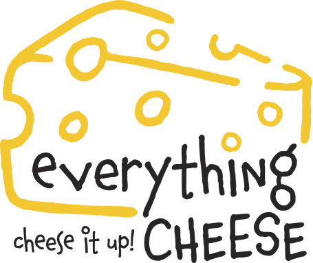 A logo design of a slice of cheese with the words "everything Cheese" and below it says "cheese it up!"